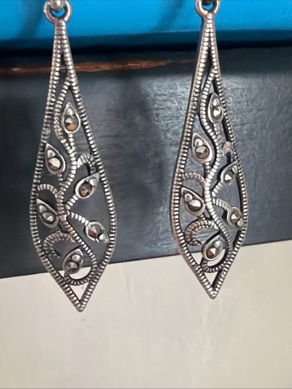 Sterling Silver Dangle Drop Art Deco Earrings